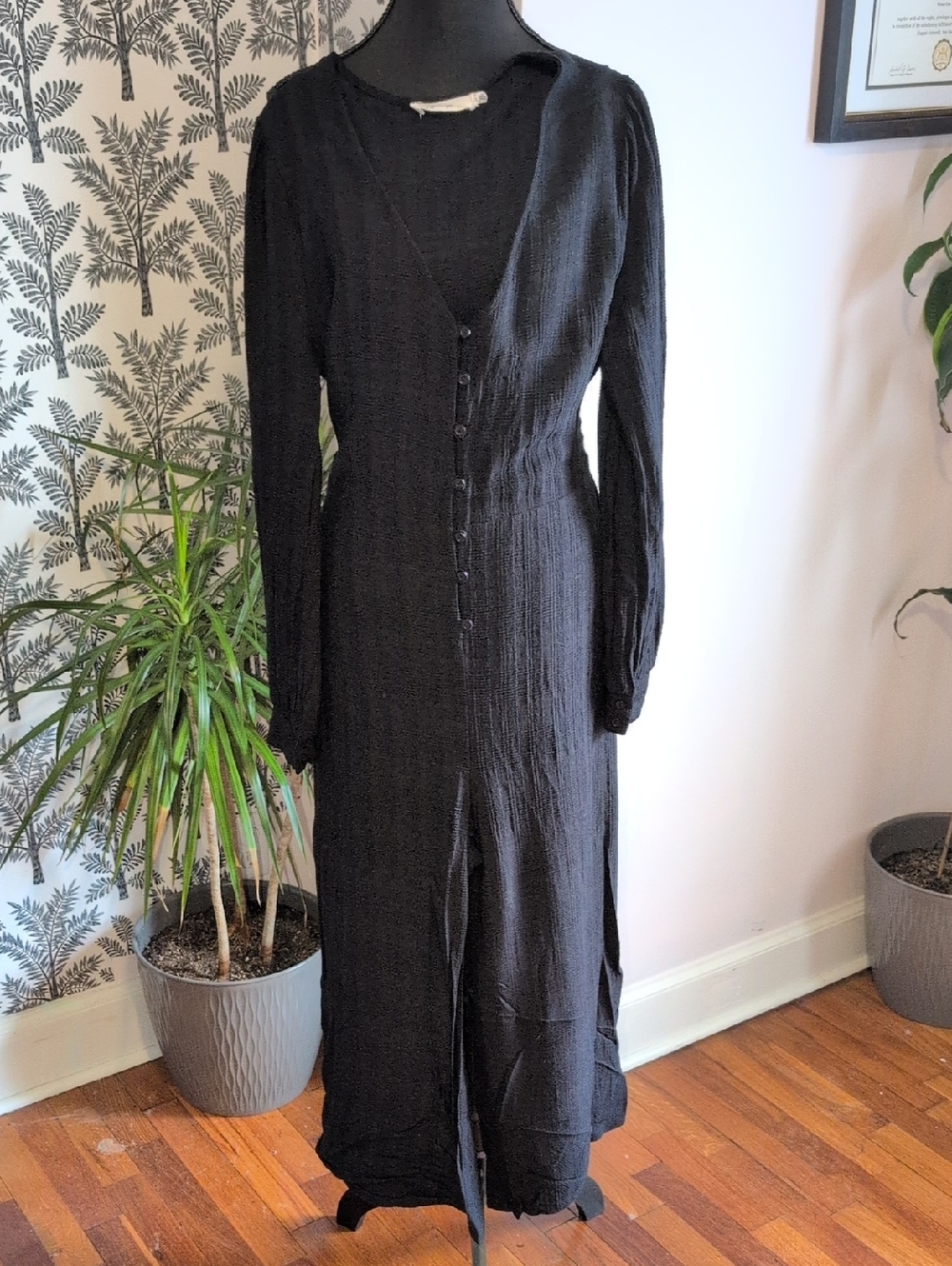 All In Favor Black Button-Front Long Sleeve Jumpsuit